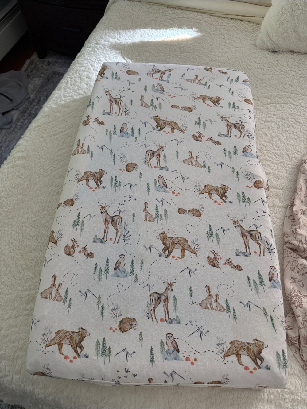 Woodland Friends changing pad Cover - White with Brown and Green Print